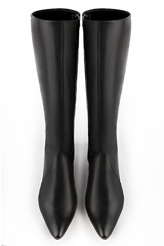 Satin black women's feminine knee-high boots. Tapered toe. Low flare heels. Made to measure. Top view - Florence KOOIJMAN